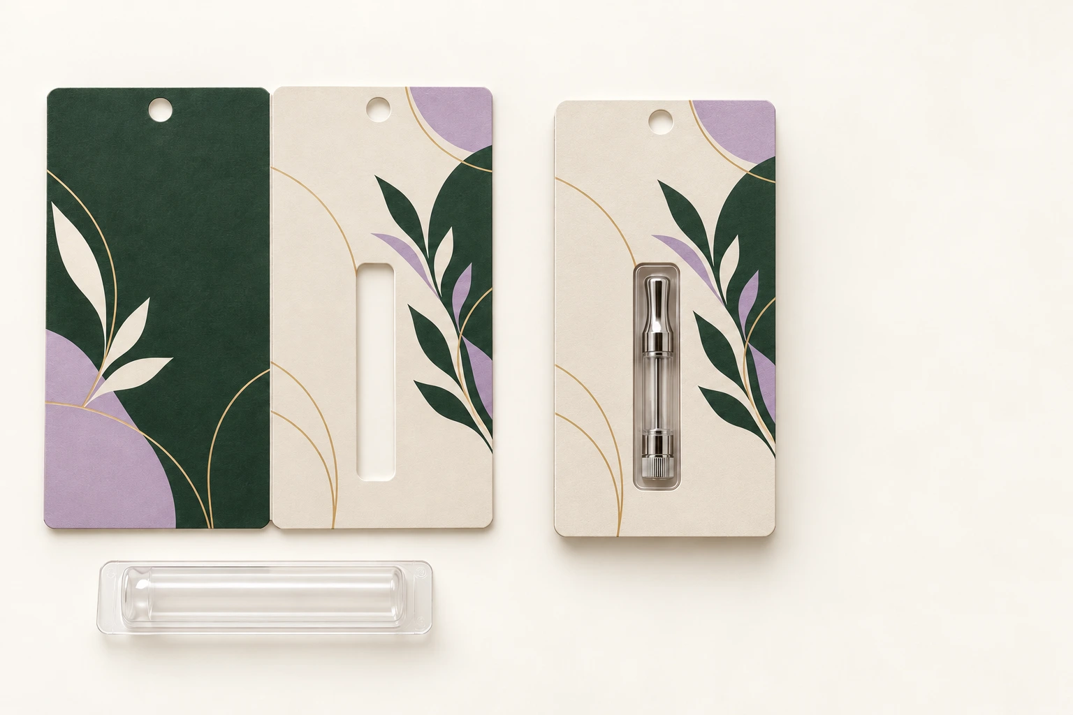 Botanical cold-seal double card with die-cut window, matching finished blister pack and separate clear blister