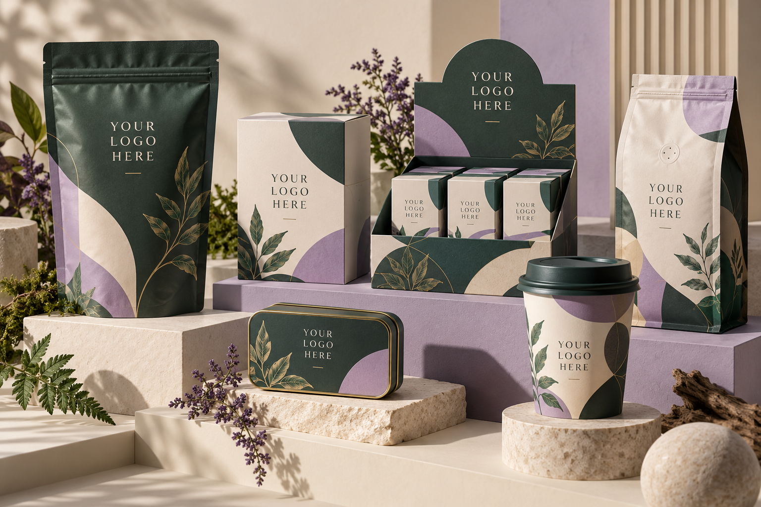 Custom branded pouches, cartons, display packaging, tin and cup in forest green, lavender and ivory