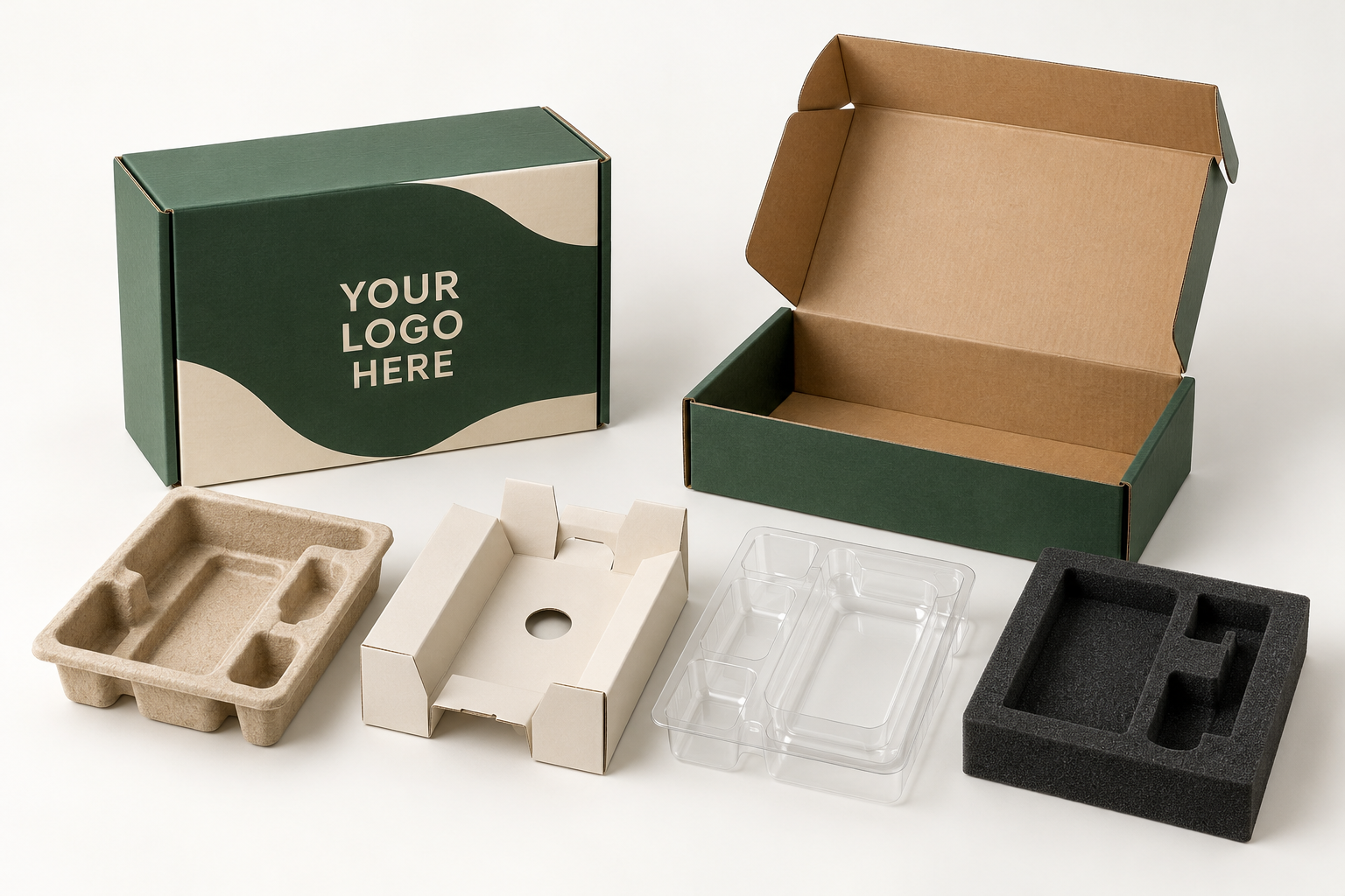 Molded pulp, paperboard, thermoformed and foam inserts