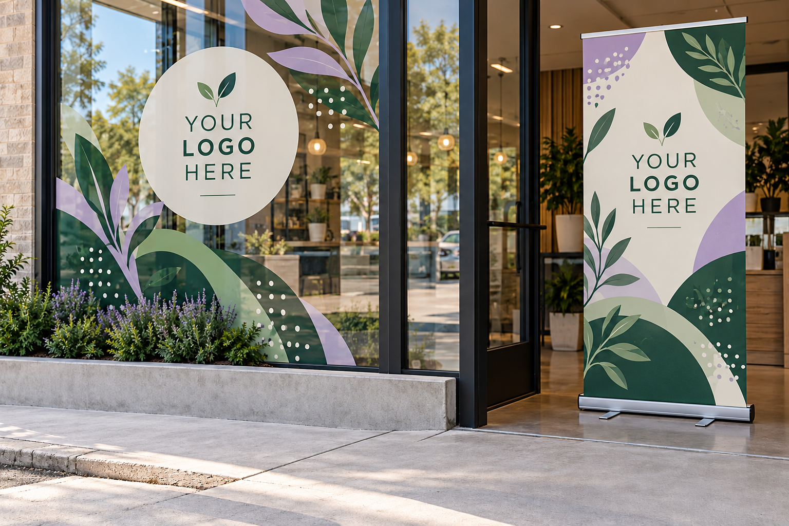 Window graphics and a retractable banner stand